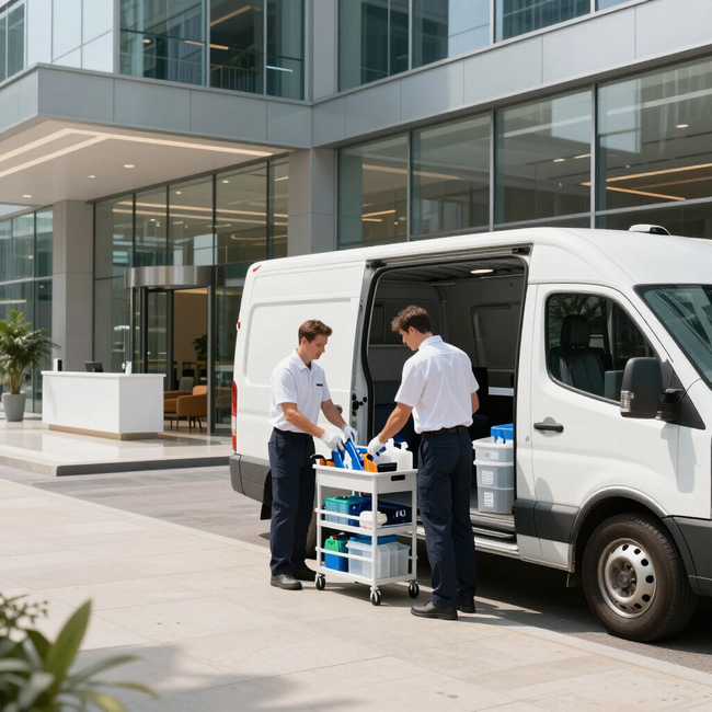 Two workers unload supplies from a white van outside a modern office building.