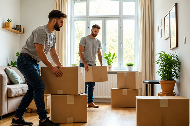 Two people moving cardboard boxes in a bright room with large windows and houseplants