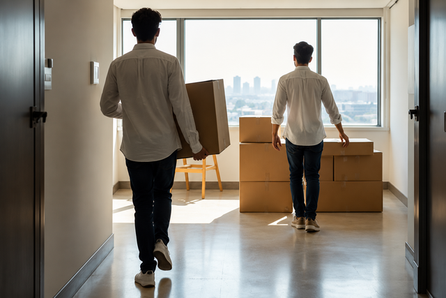 Two people carrying moving boxes into a bright apartment with large windows and a city view.