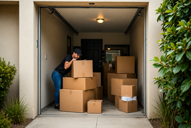 Person moving stacked cardboard boxes in a garage doorway, with more boxes inside.