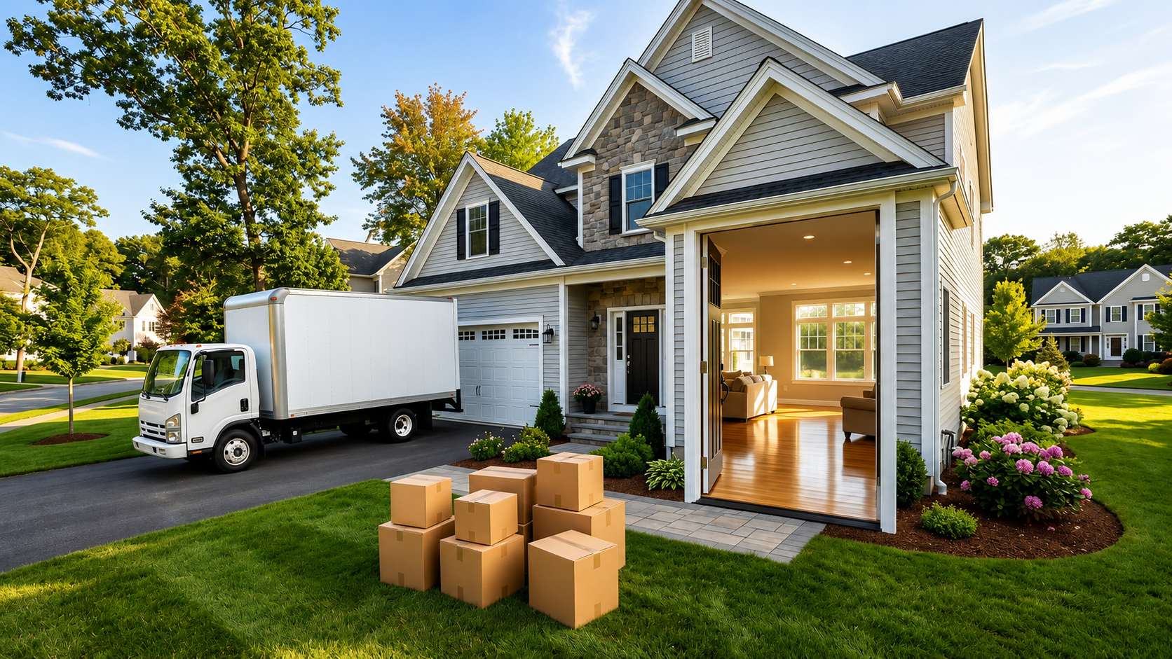 Moving truck and stacked boxes outside a suburban house with open front door and warm interior light
