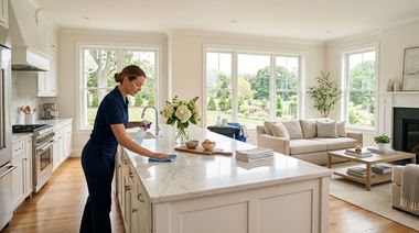 Person cleaning a bright white kitchen island in a sunlit open-plan living room