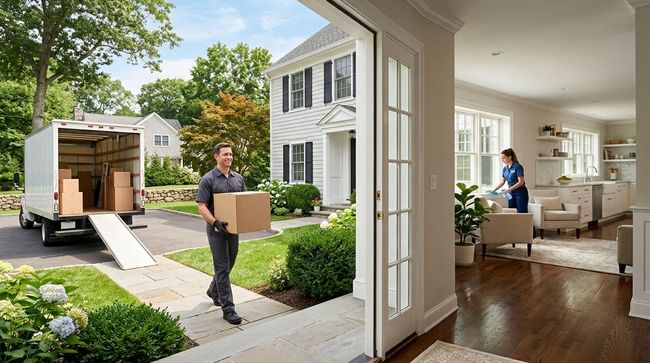 Movers carrying boxes from a truck into a bright home with open front door