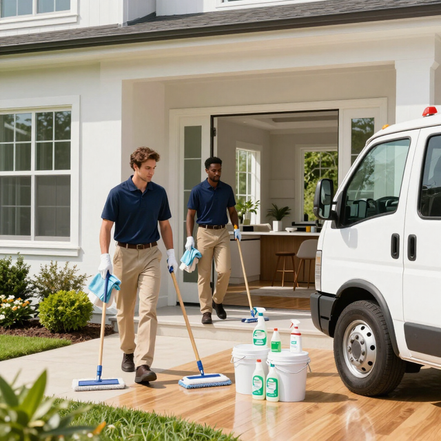 Two cleaners mopping a porch beside a white service van and cleaning supplies