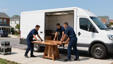 Three movers unloading a wooden table from a white delivery van on a suburban street.