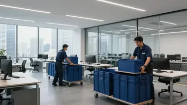 Two workers moving blue bins in a bright modern office with desks and large windows
