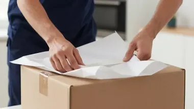 Hands opening a cardboard box filled with white packing paper