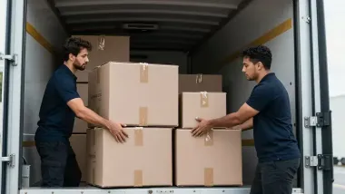 Two workers loading stacked cardboard boxes into a delivery truck