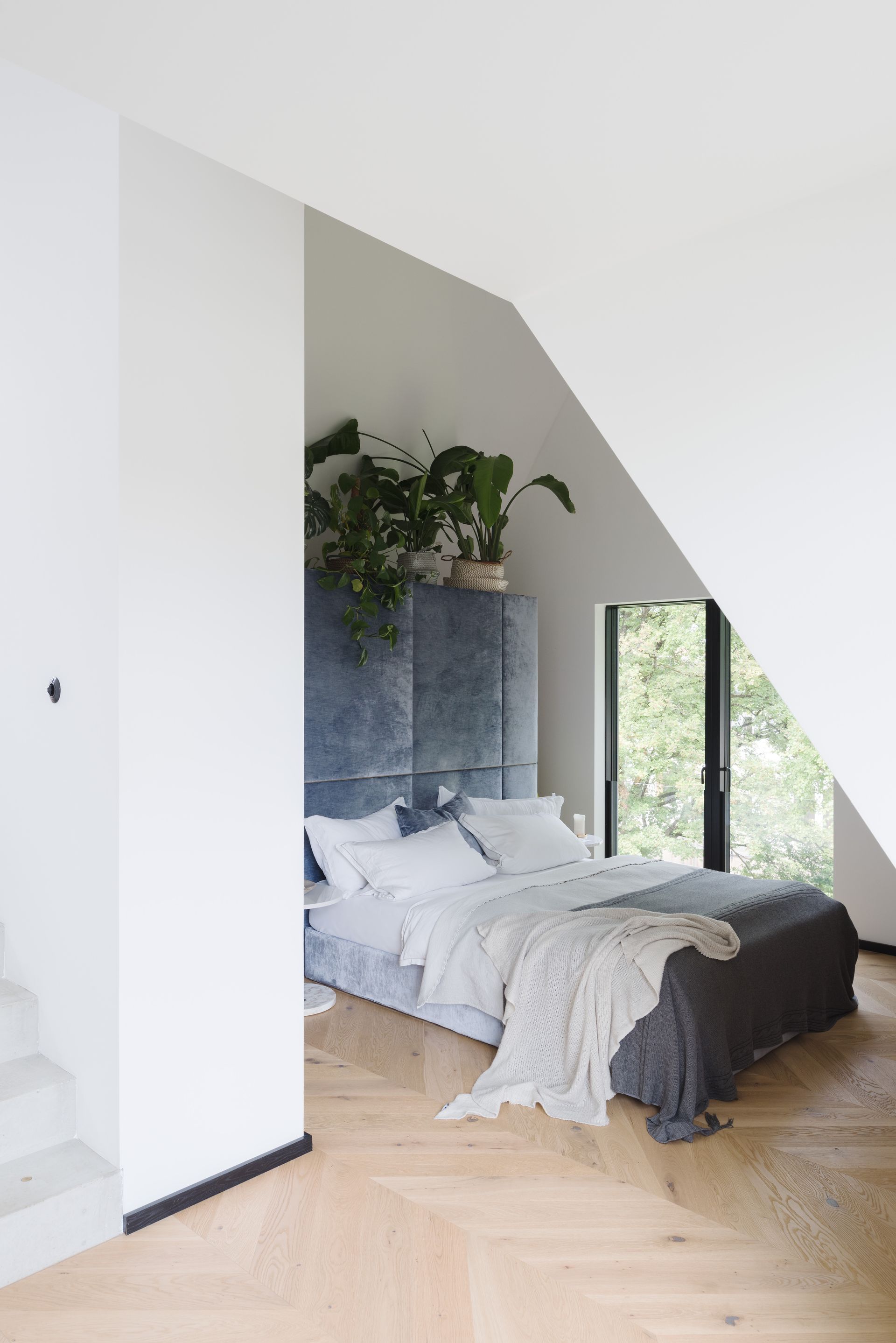 Modern bedroom with white walls, large windows, a bed, and potted plants on a gray headboard
