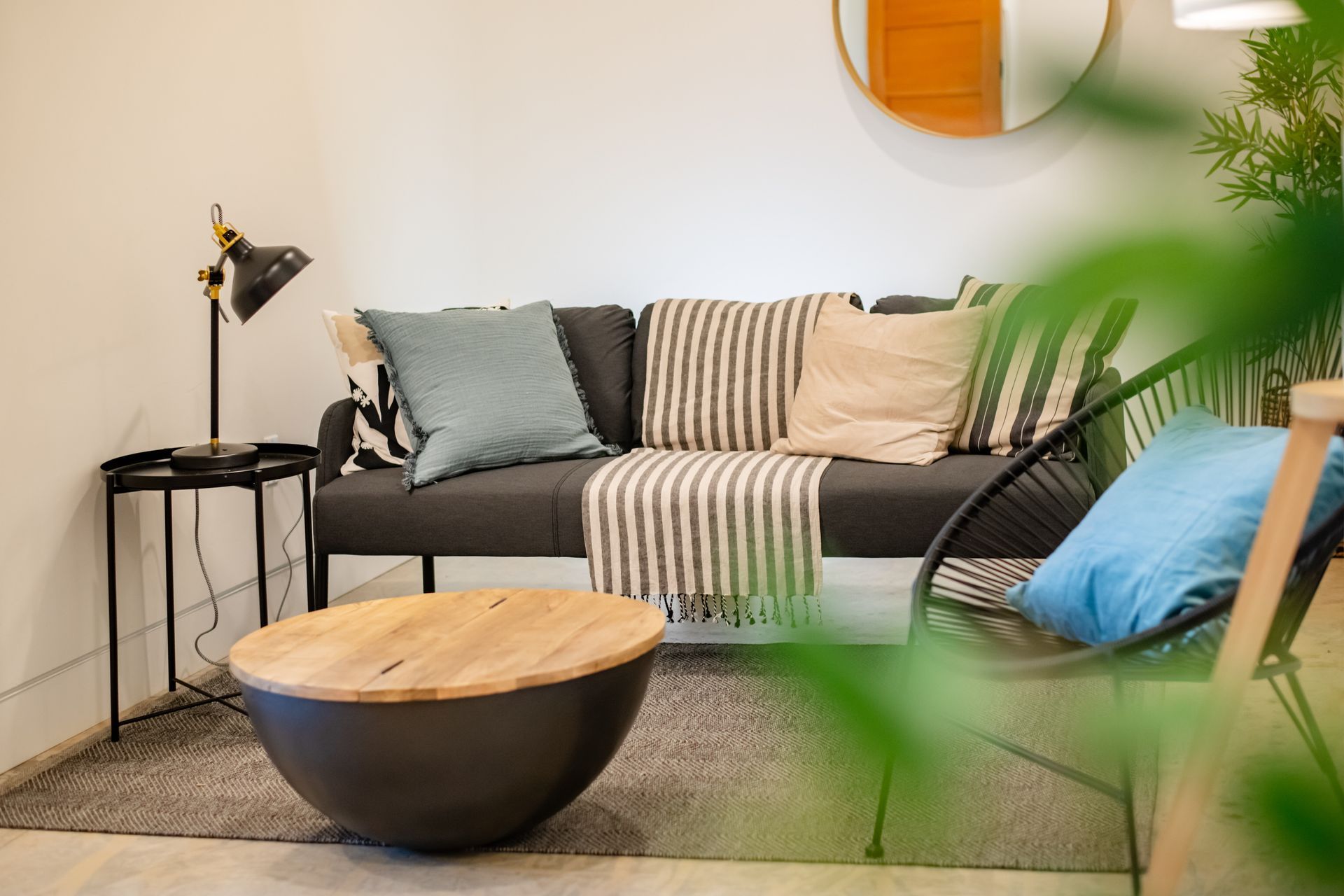Cozy living room with gray sofa, round coffee table, floor lamp, and leafy plant in the foreground