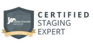 Certified Staging Expert logo with gray shield emblem and gold ribbon, black text on white background
