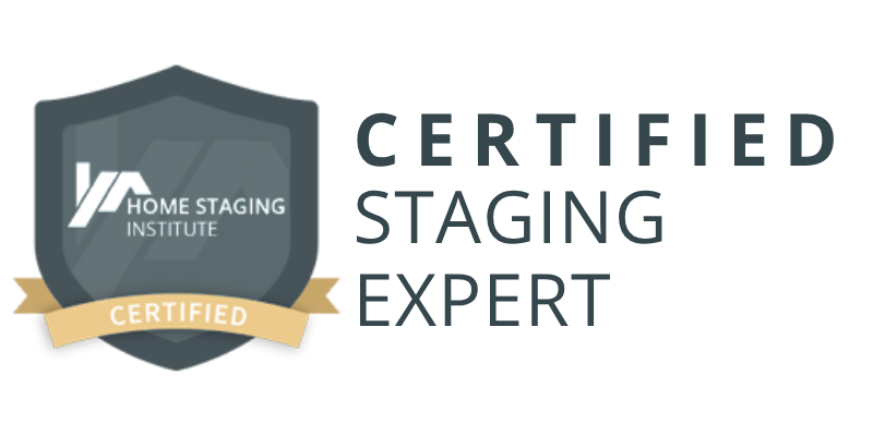 Certified Staging Expert logo with gray shield emblem and gold ribbon, black text on white background