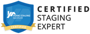 Certified Home Staging Institute badge with blue shield and gold ribbon, labeled “Certified Staging Expert.”