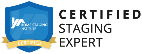 Home Staging Certificate Certified Home Staging Institute badge with blue shield and gold ribbon, labeled “Certified Staging Expert.”