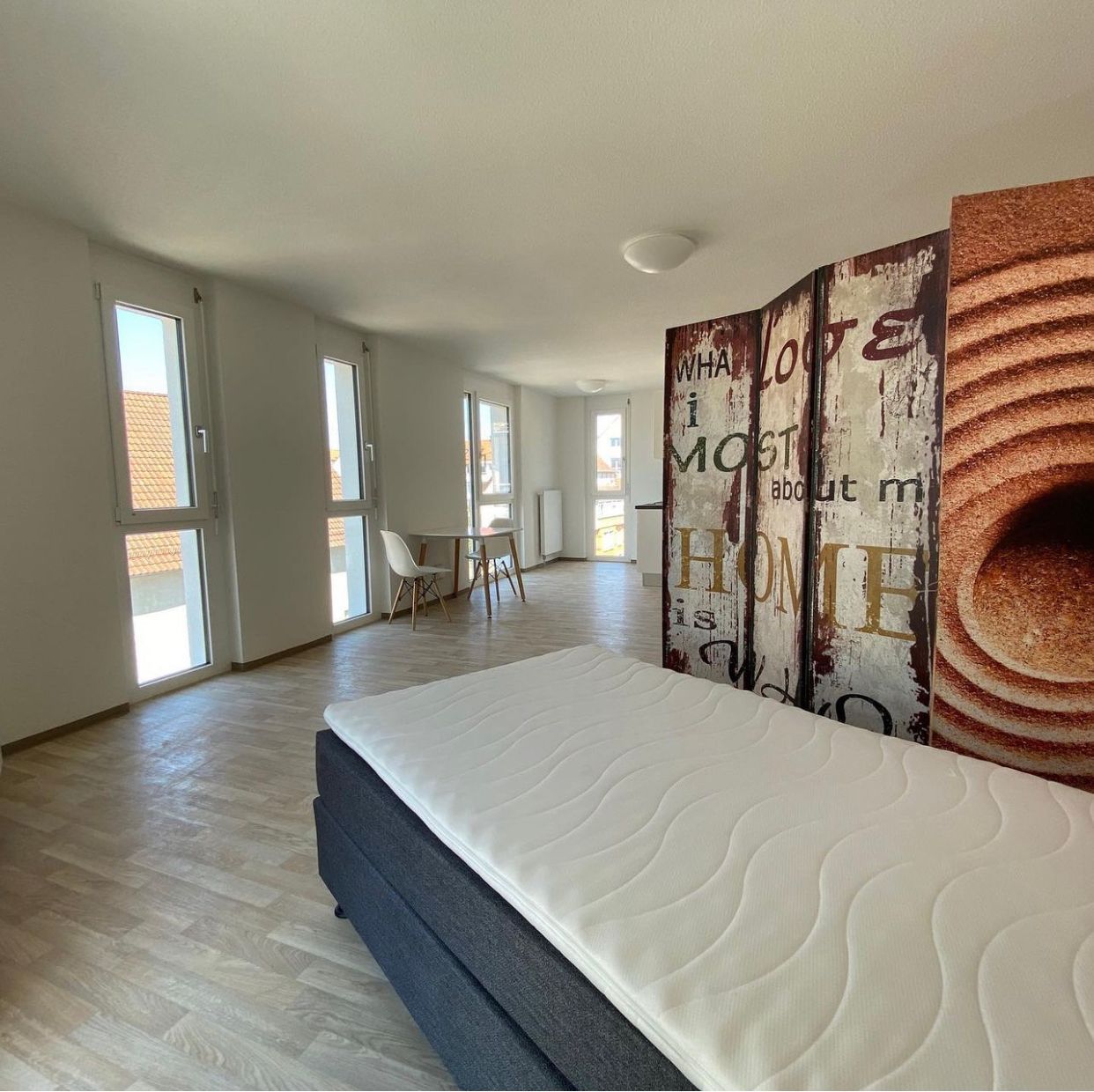 Bright bedroom with a bed, large windows, wood floor, and abstract curtain divider