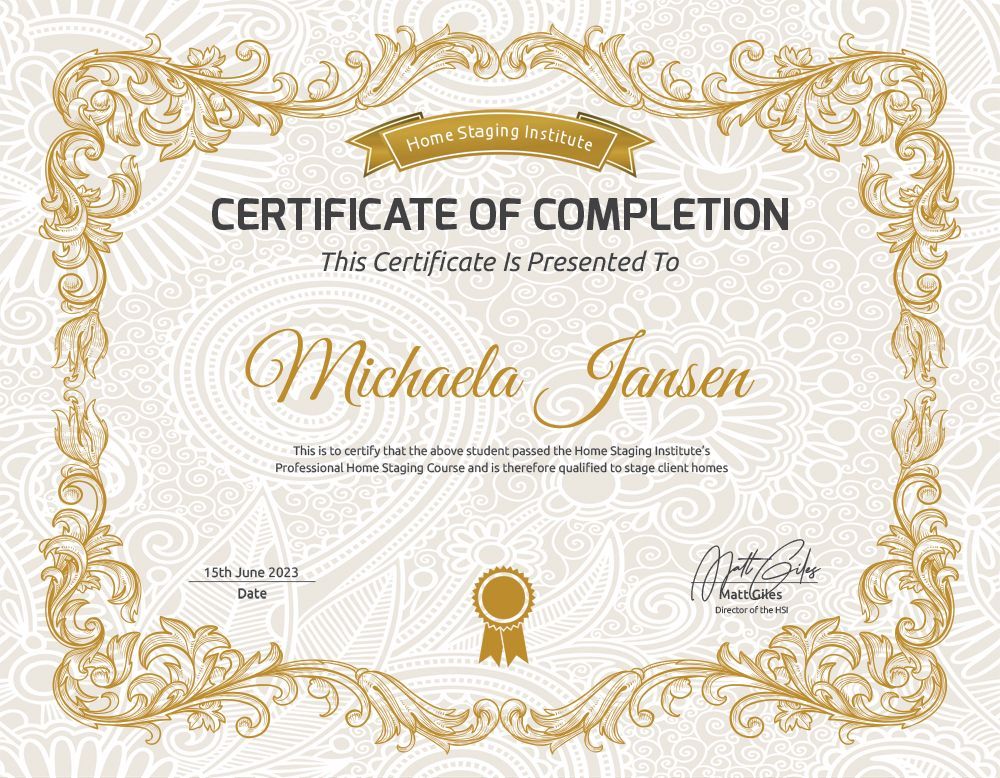 Gold ornate certificate of completion with the name Michaela Gisson centered on a white background