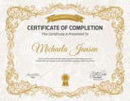 Ornate gold certificate of completion with decorative border and the name Michaela Jansen