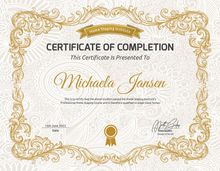 Michaela Jansen - Staging Expert Ornate gold certificate of completion with decorative border and the name Michaela Jansen