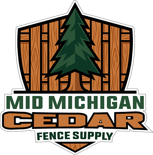 Logo for Mid Michigan Cedar Fence Supply: green pine tree over brown wood planks, text
