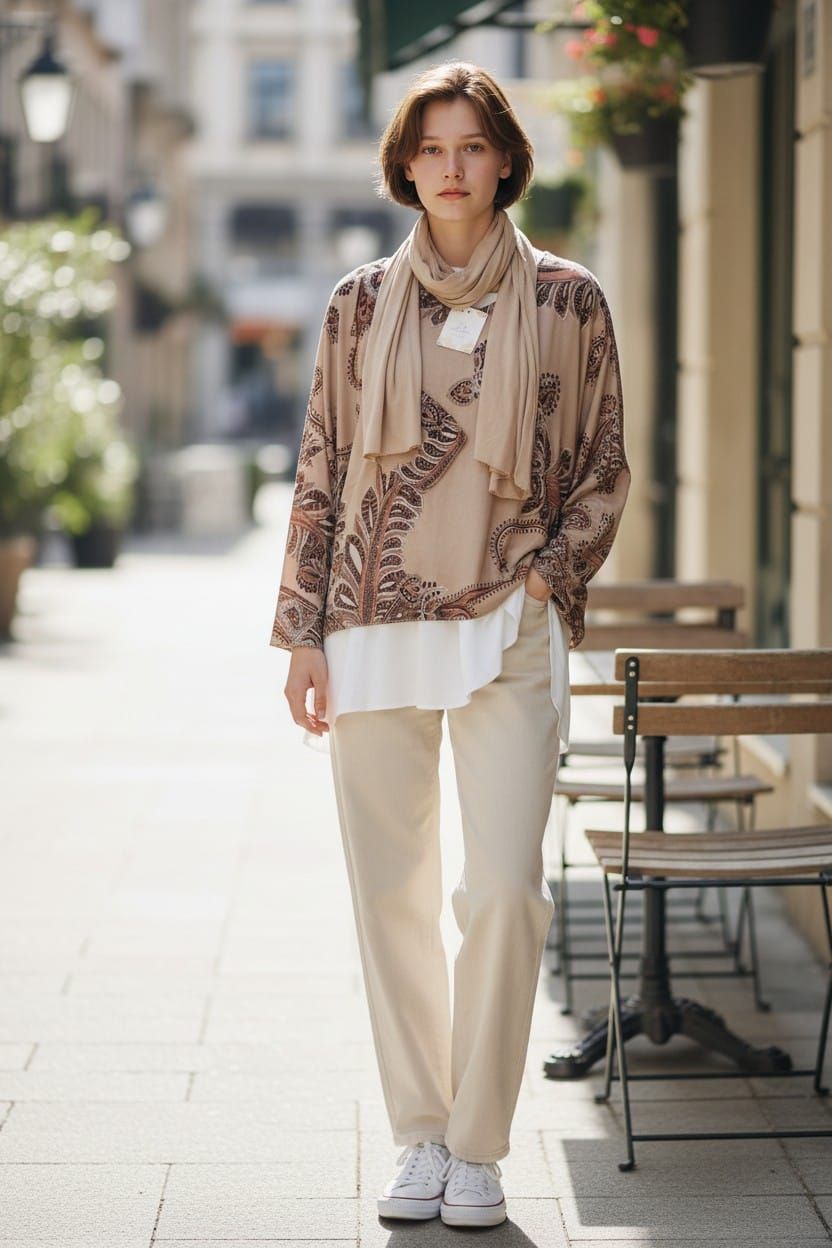 Persona de pie en una acera de la ciudad, vestida con una camisa estampada, pantalones beige y zapatillas blancas.