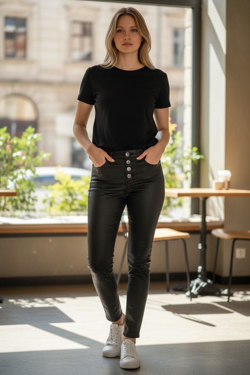 Persona de pie en el interior de un edificio, vestida con una camiseta negra y vaqueros, con las manos en los bolsillos.