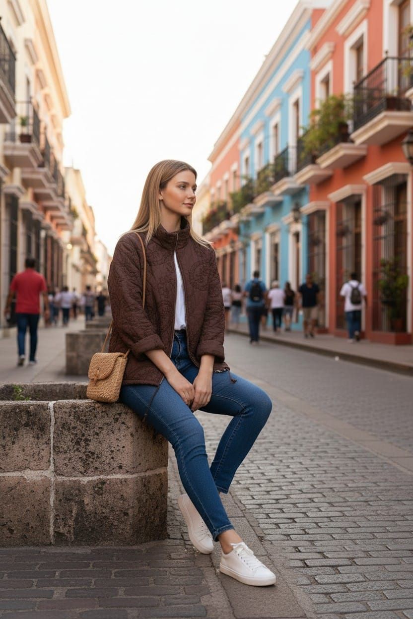 Mujer sentada en una cornisa de piedra en una colorida calle empedrada en un barrio de la ciudad.