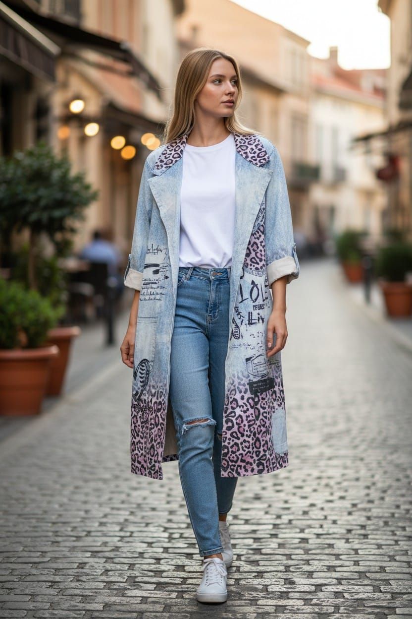 Mujer caminando por una calle empedrada con una blusa blanca, jeans y un abrigo estampado estilo kimono.