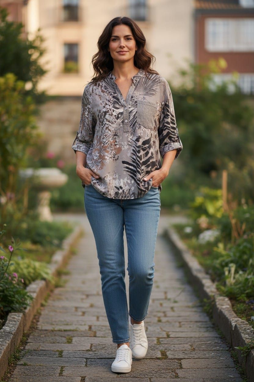 Mujer caminando por un sendero de jardín con blusa estampada, vaqueros y zapatillas blancas.
