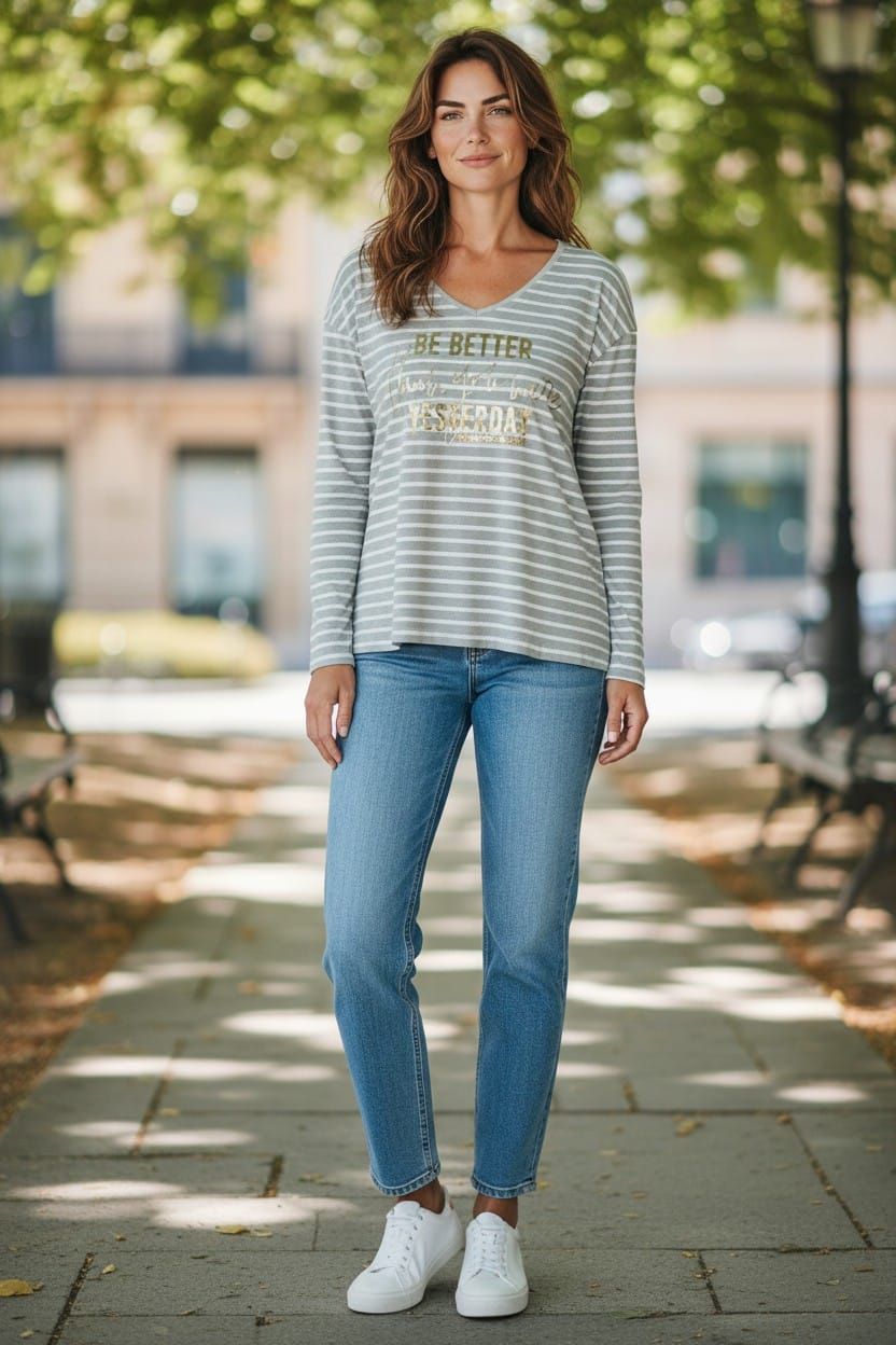 Persona de pie en un sendero soleado, vestida con una camisa de rayas, vaqueros y zapatillas blancas.