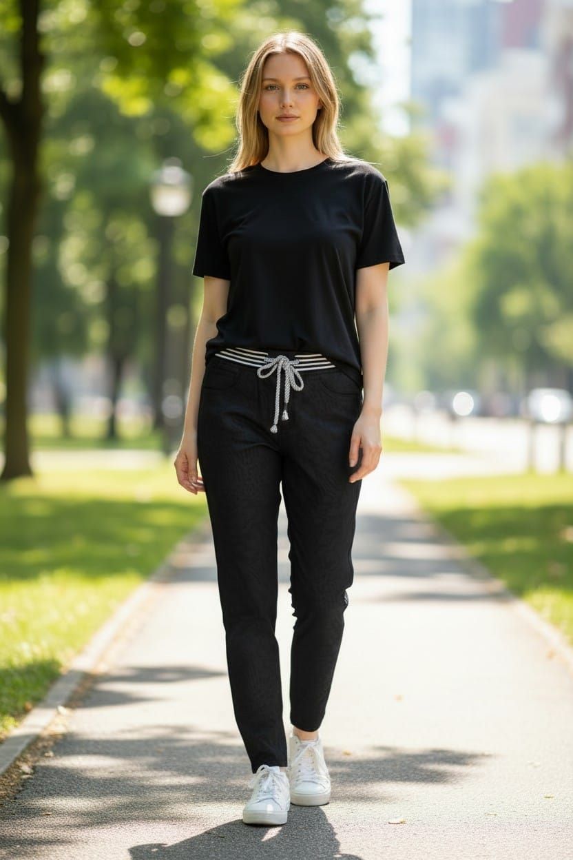 Persona caminando por una acera soleada con una camiseta negra, pantalones negros y zapatillas blancas.