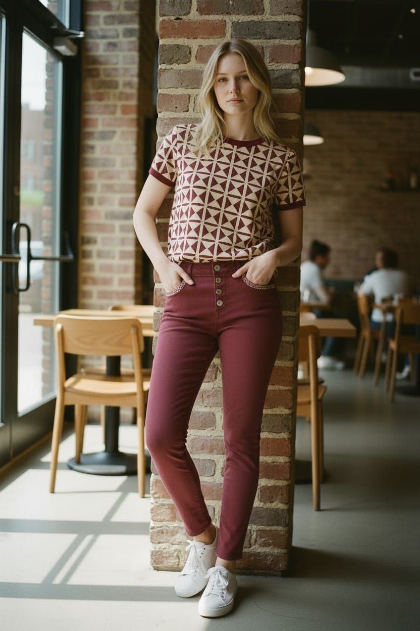 Mujer de pie en la puerta de una cafetería, con una blusa estampada, pantalones color burdeos y zapatillas blancas.