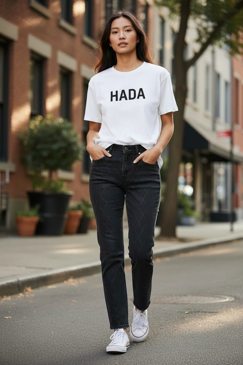 Persona caminando por una calle de la ciudad con una camiseta blanca con la inscripción 