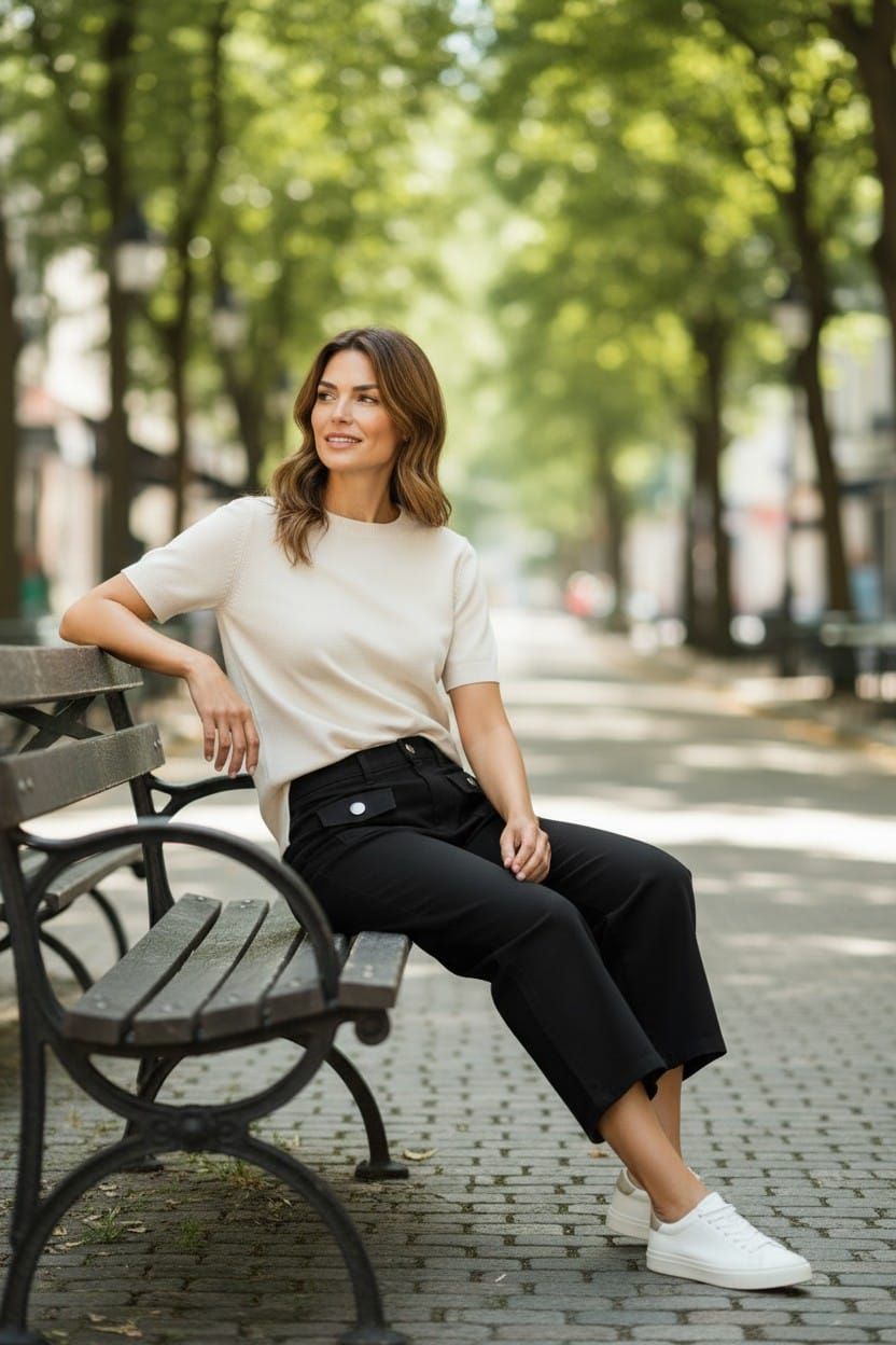Mujer de pie al aire libre en una acera soleada, vestida con una blusa blanca, pantalones negros y zapatillas blancas.