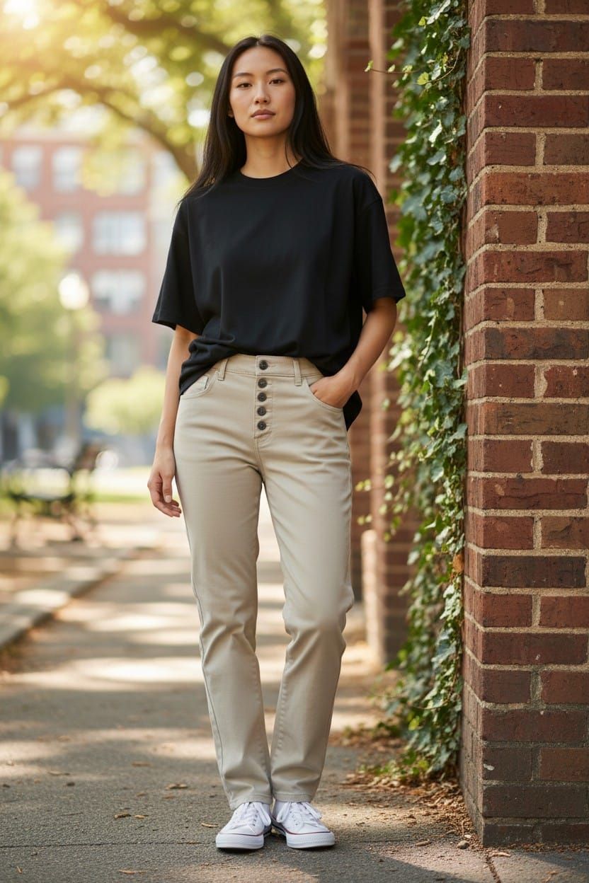 Mujer de pie en una acera junto a un muro de ladrillos, vestida con una blusa negra, pantalones beige y zapatillas blancas.