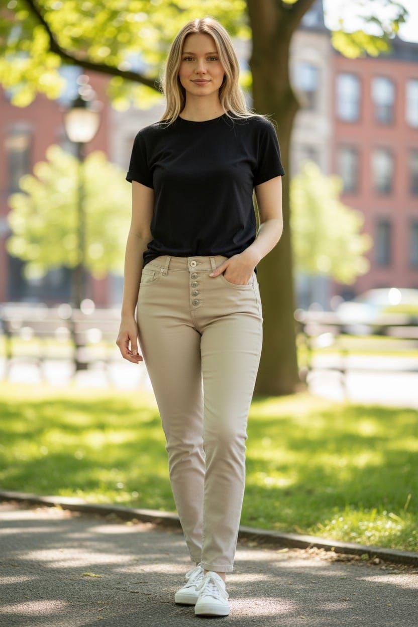 Mujer de pie en una acera junto a un muro de ladrillos, vestida con una blusa negra, pantalones beige y zapatillas blancas.