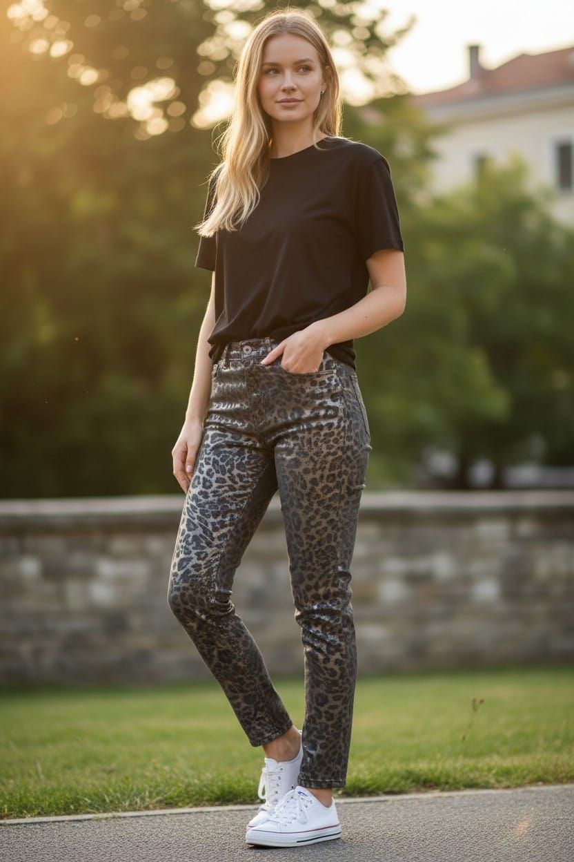 Mujer de pie al aire libre sobre el césped, con blusa negra y pantalones estampados, a contraluz por la cálida luz del sol.