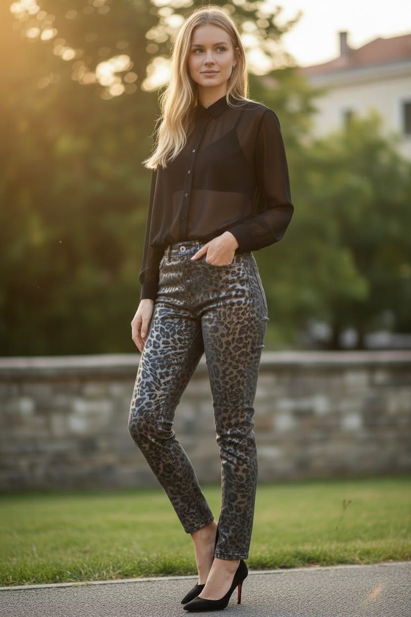 Mujer de pie al aire libre sobre el césped, con blusa negra y pantalones estampados, a contraluz por la cálida luz del sol.