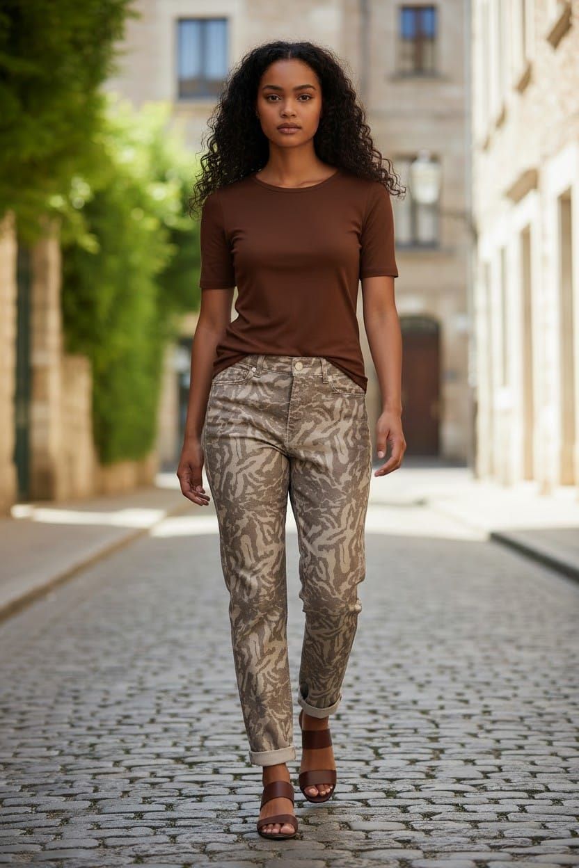 Mujer caminando por una calle empedrada con una blusa marrón, pantalones estampados y sandalias.