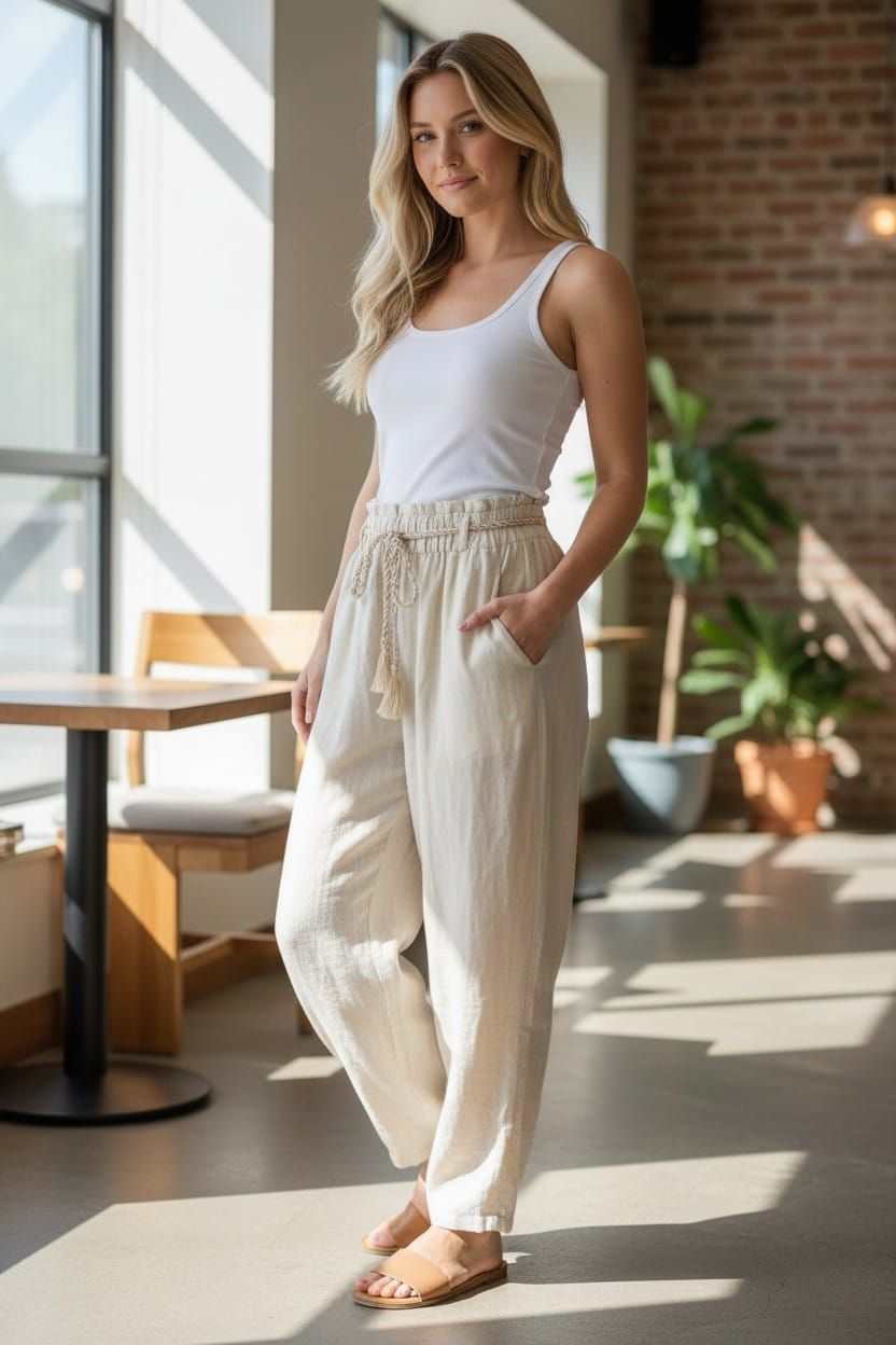 Mujer con camiseta blanca de tirantes y pantalones beige de pie en una luminosa cafetería interior.