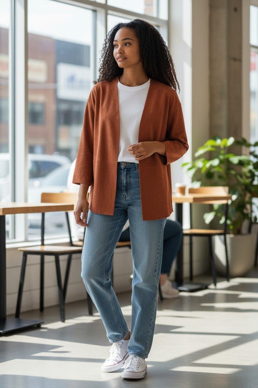 Mujer de pie en una cafetería luminosa, vestida con un blazer color óxido, una blusa blanca, vaqueros