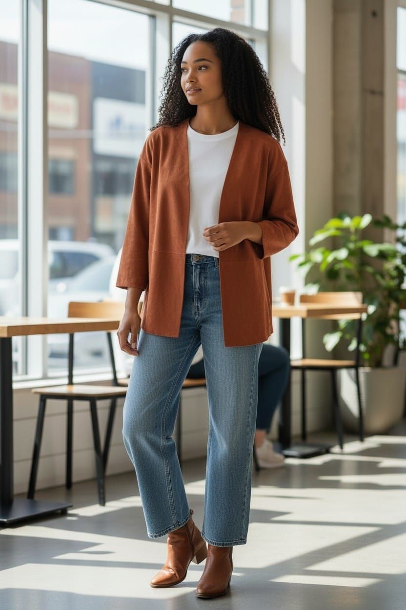 Mujer de pie en una cafetería luminosa, vestida con un blazer color óxido, una blusa blanca, vaqueros