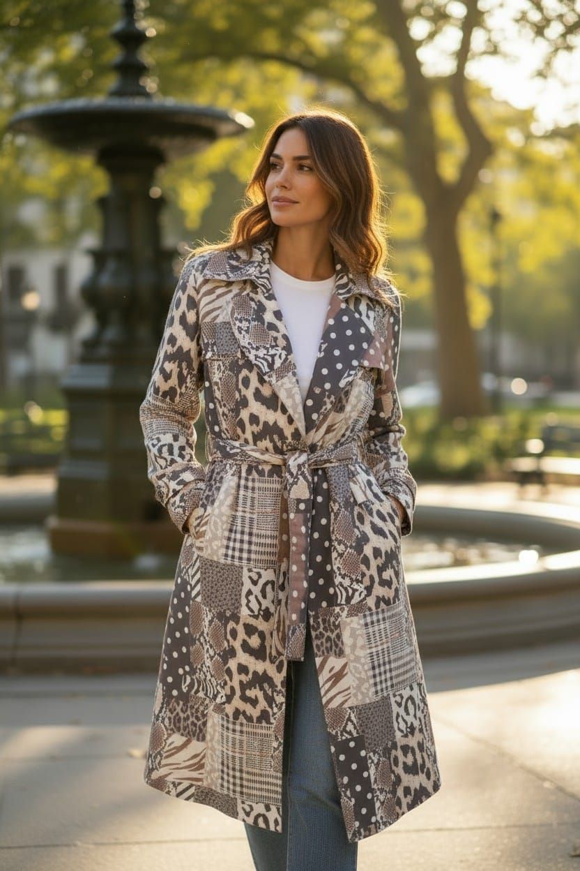 Mujer con abrigo estampado de leopardo de pie junto a una fuente en un parque soleado.