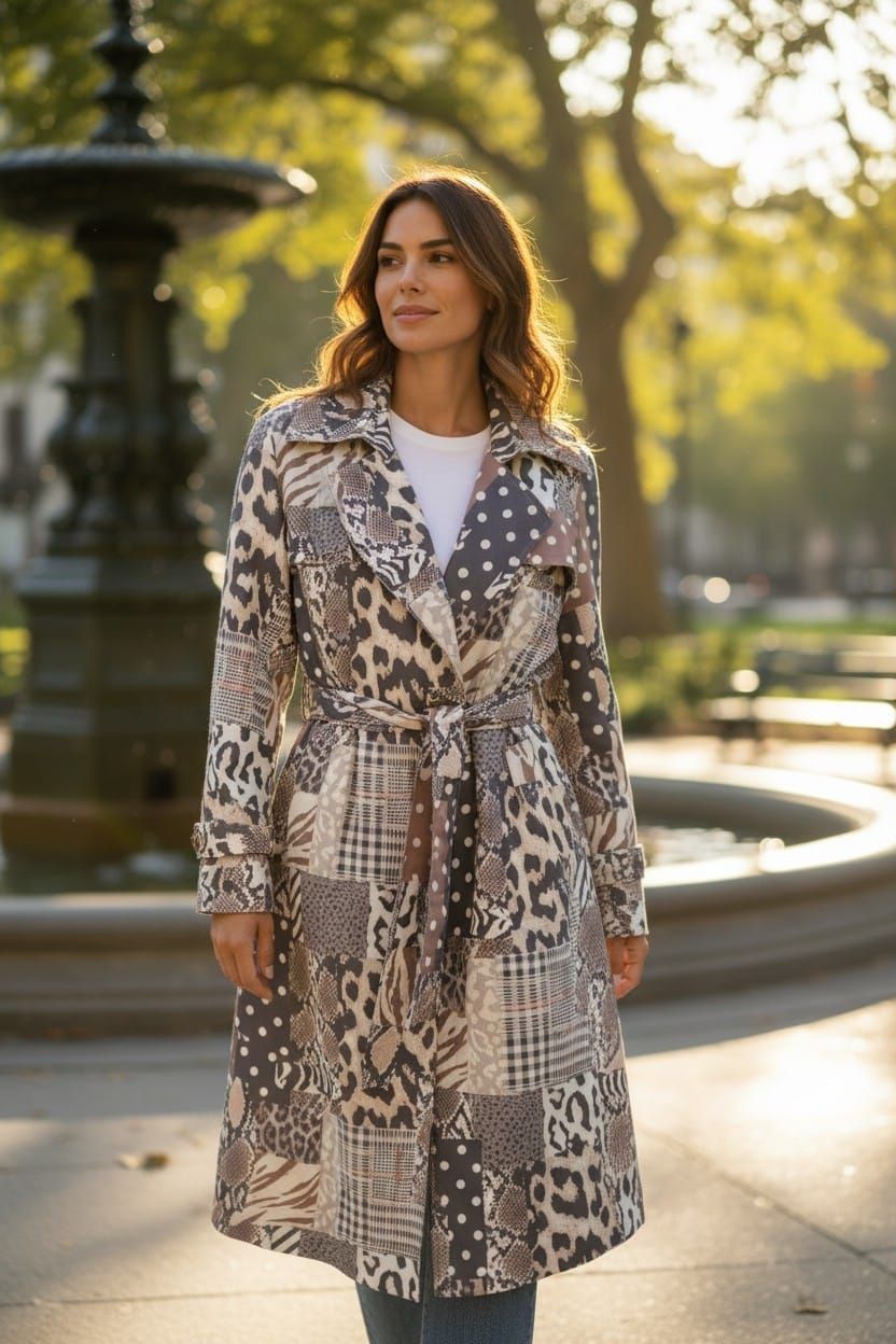 Mujer con abrigo estampado de leopardo de pie junto a una fuente en un parque soleado.