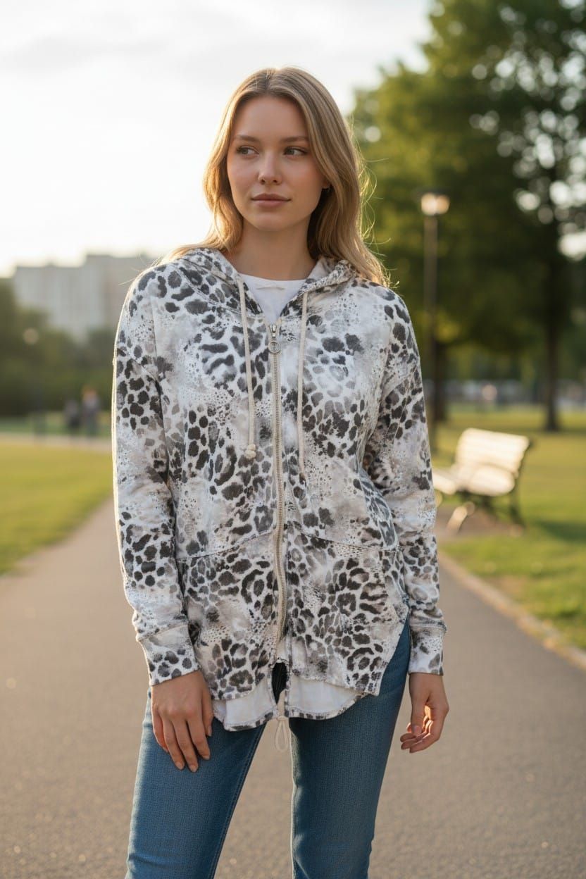 Mujer de pie en un sendero de un parque, vestida con una sudadera blanca con estampado floral y vaqueros azules.
