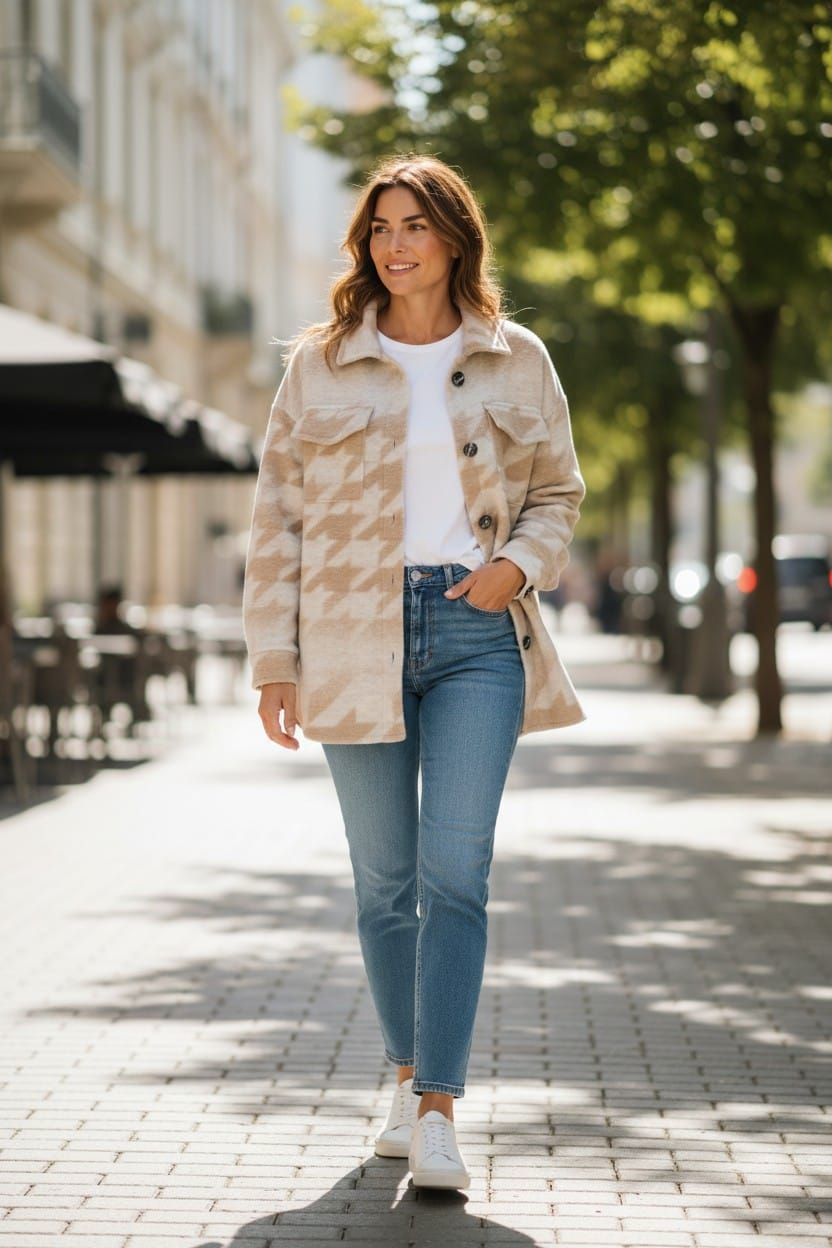 Mujer caminando por una acera soleada de la ciudad con una chaqueta beige, vaqueros azules y zapatillas blancas.