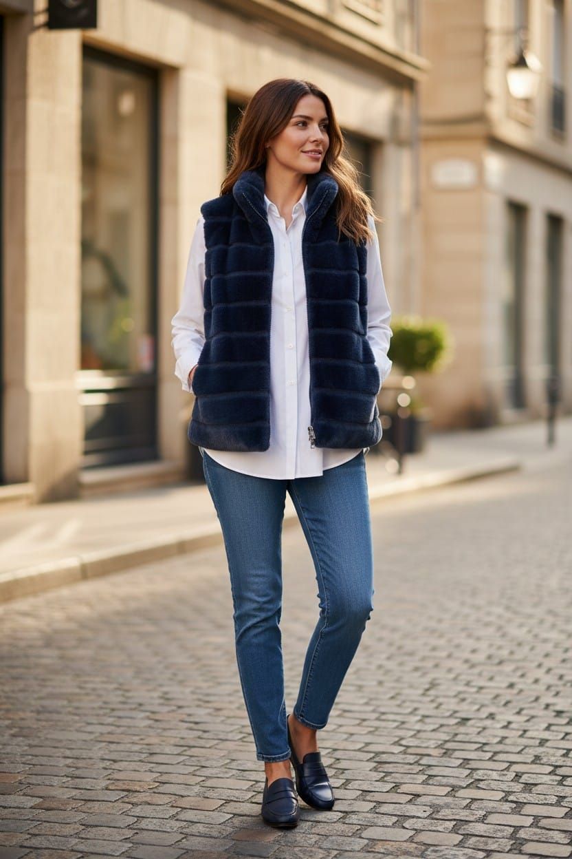 Mujer caminando por una calle empedrada, vestida con un chaleco azul marino, camisa blanca, vaqueros y mocasines oscuros.
