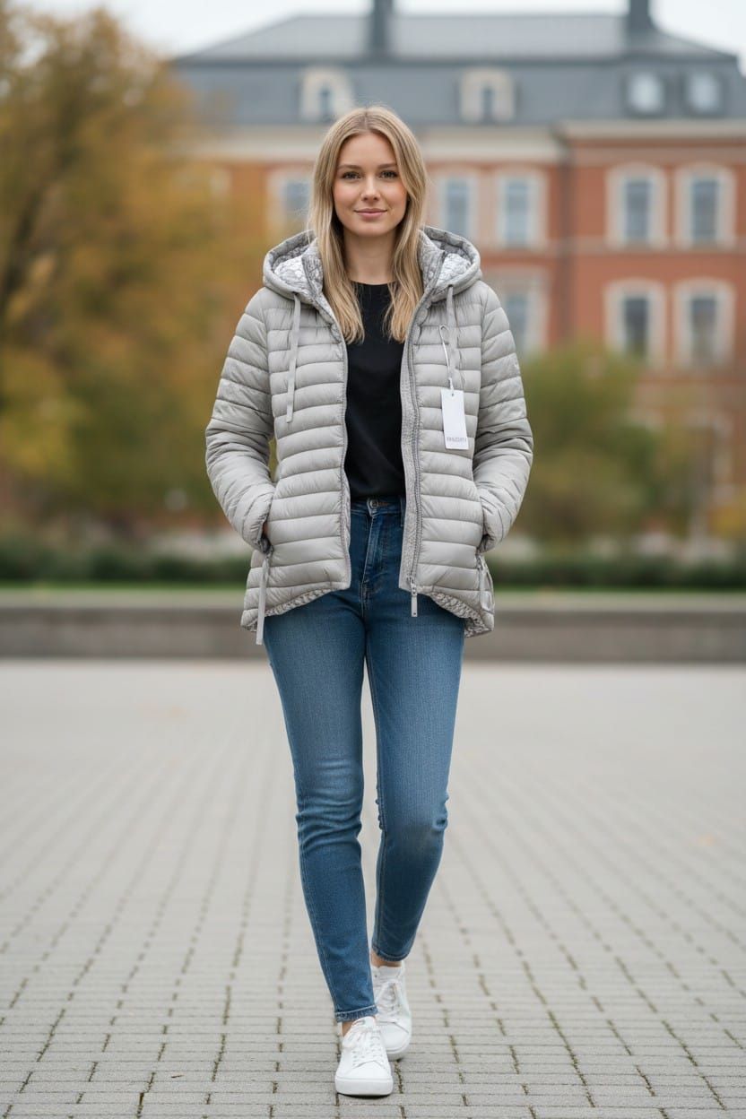 Una persona camina por un sendero pavimentado, vestida con una chaqueta acolchada gris claro.