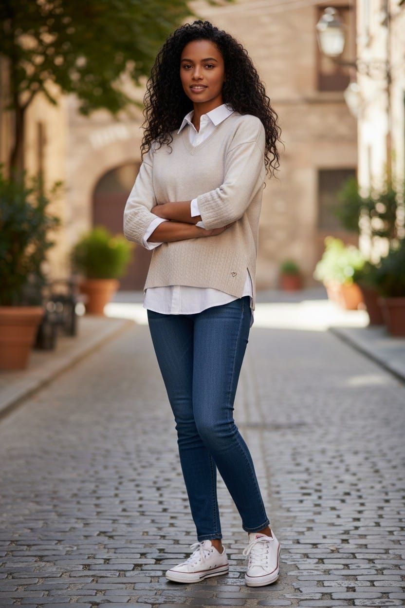 Mujer de pie sobre un sendero empedrado, vestida con un suéter beige, jeans y zapatillas blancas, en un patio soleado.