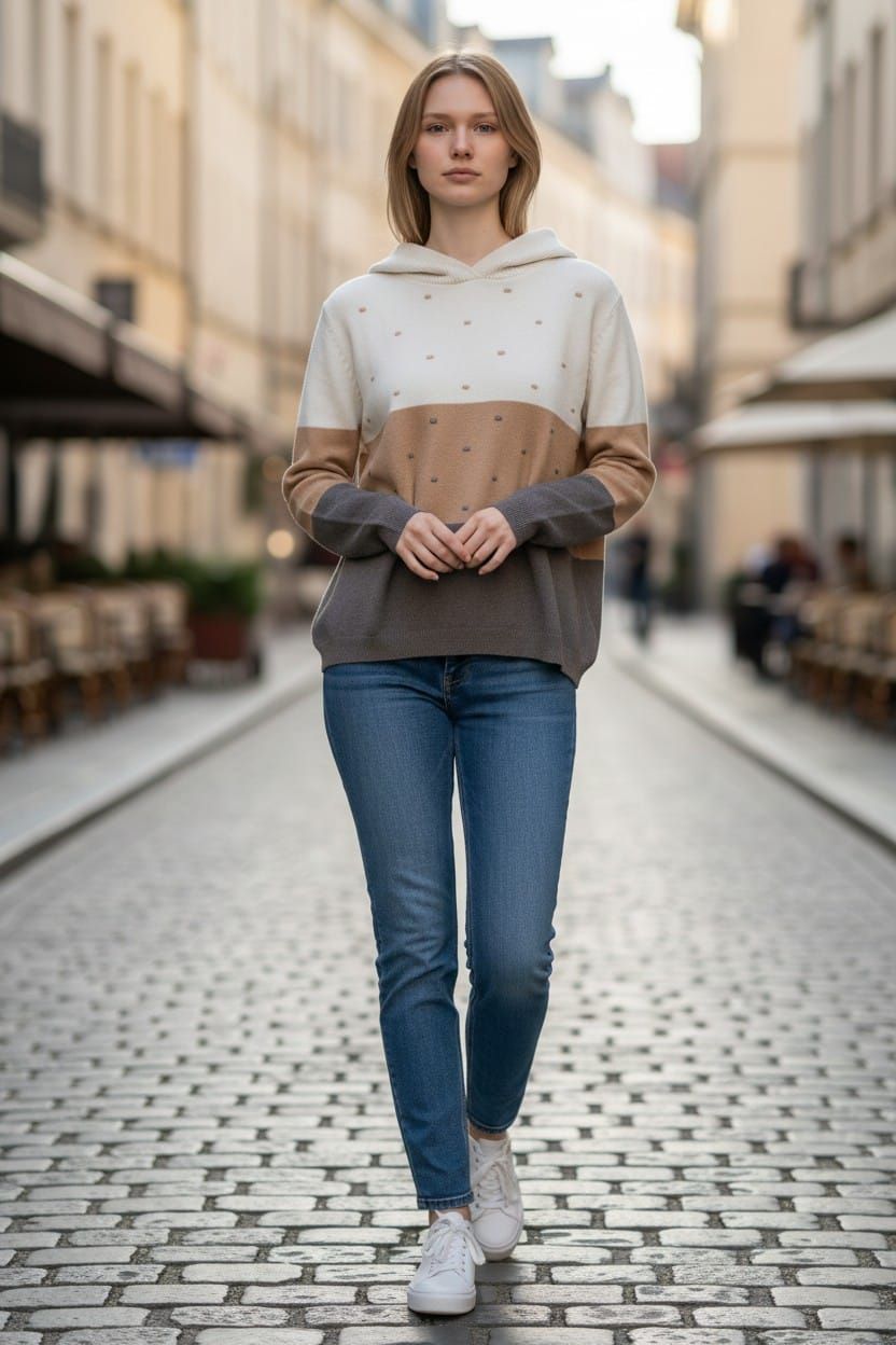Mujer caminando por una calle empedrada con una sudadera con capucha de bloques de color, vaqueros y zapatillas blancas.