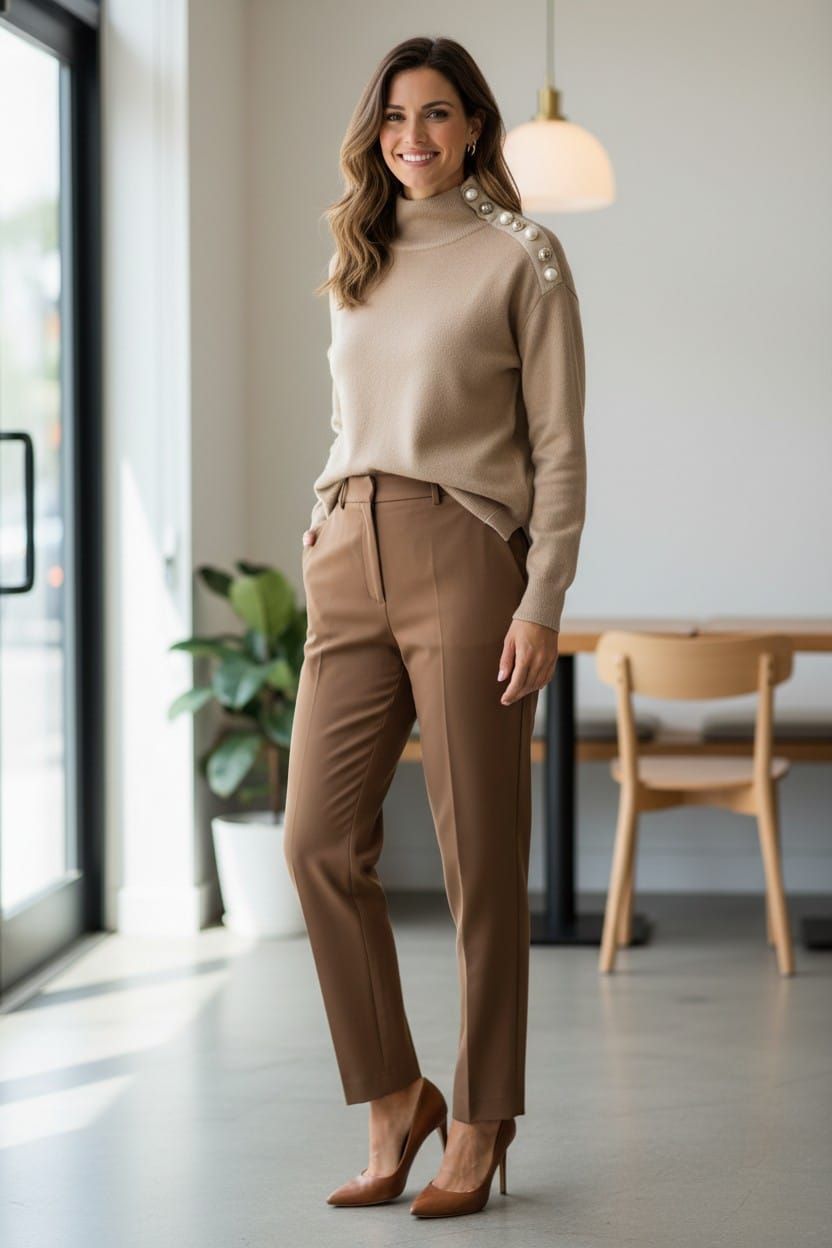 Mujer de pie en una habitación moderna, vestida con un suéter beige y pantalones marrones, sonriendo levemente.